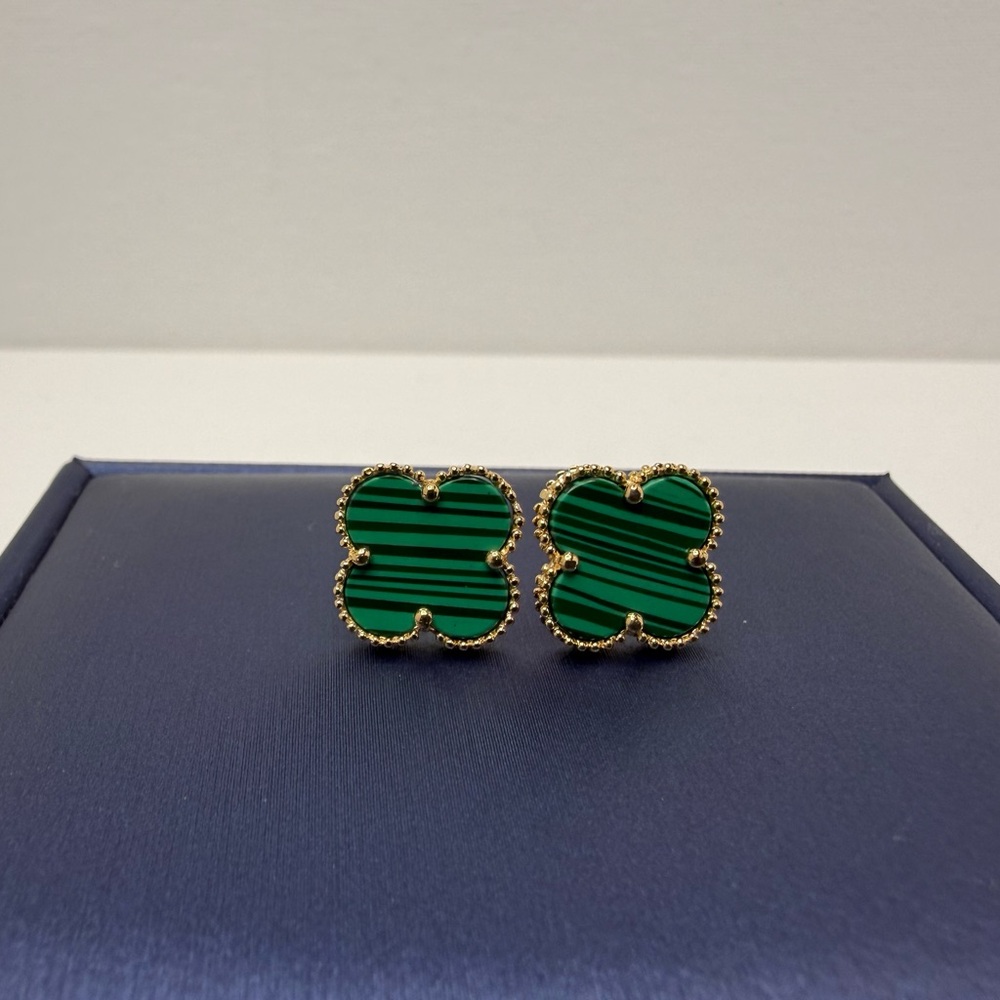 Green Clover-Style 18K Gold Edge Stud Earrings